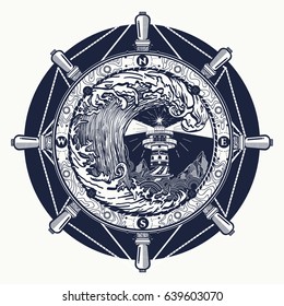 Storm tattoo art and t-shirt design. Steering wheel, lighthouse, compass. Searchlight tower for maritime navigational guidance 