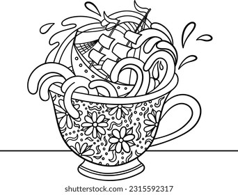 Storm in a teacup vector illustration drawing, colouring book.