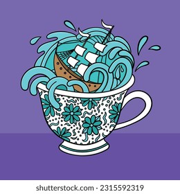 Storm in a teacup vector illustration drawing, colouring book.