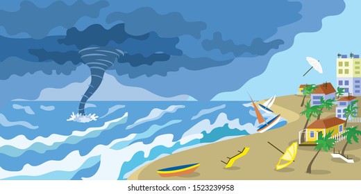 Storm tornado at city beach concept banner. Flat illustration of storm tornado at city beach vector concept banner for web design