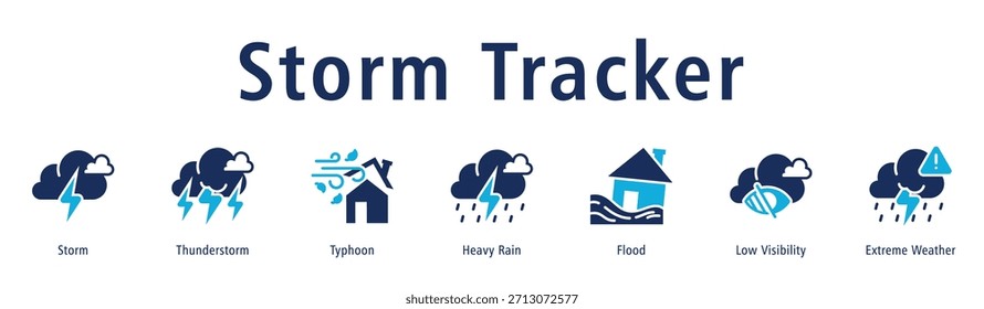 Storm Tracker Webbanner-Vektorgrafik mit Symbolen für Sturm, Gewitter, Taifun, Starkregen, Überschwemmung, geringe Sicht und Extremwetter.