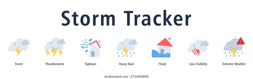 Storm Tracker Webbanner-Vektorgrafik mit Symbolen für Sturm, Gewitter, Taifun, Starkregen, Überschwemmung, geringe Sicht und Extremwetter.