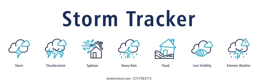 Storm Tracker Webbanner-Vektorgrafik mit Symbolen für Sturm, Gewitter, Taifun, Starkregen, Überschwemmung, geringe Sicht und Extremwetter.