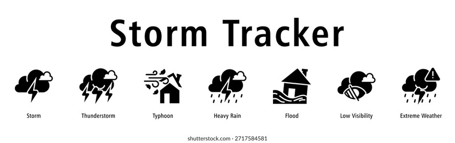 Storm Tracker Webbanner-Vektorgrafik mit Symbolen für Sturm, Gewitter, Taifun, Starkregen, Überschwemmung, geringe Sicht und Extremwetter.