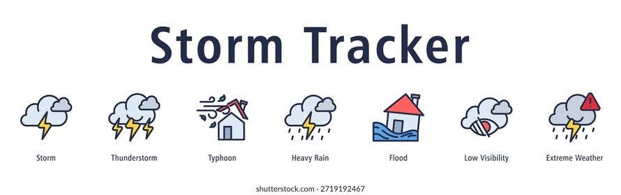 Storm Tracker web banner icon vector illustration with icons of Storm, Thunderstorm, Typhoon, Heavy Rain, Flood, Low Visibility, and Extreme Weather.