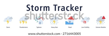 Storm Tracker web banner icon vector illustration with icons of Storm, Thunderstorm, Typhoon, Heavy Rain, Flood, Low Visibility, and Extreme Weather.