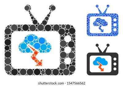 Storm TV forecast mosaic of filled circles in various sizes and color tones, based on storm TV forecast icon. Vector small circles are grouped into blue mosaic.
