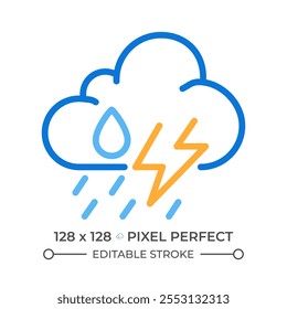 Ícone de linha de duas cores Storm. Previsão do tempo. Nuvem com pingos de chuva e raio. Símbolo de contorno bicolor de condições climáticas severas. Pictograma linear duotônico. Ilustração isolada. Traçado editável