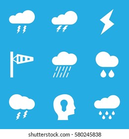 storm vector icons. Set of 9 storm filled icons such as thunder, wind cone, rain, thunderstorm, flash