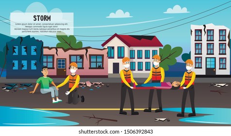 Storm Victims Flat Cartoon Banner Vector Illustration. Rescue Service Evacuating People from Destroyed Buildings. Rescuers in Uniform Carrying Stretchers with Woman. Natural Disaster.