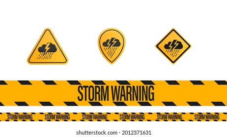 Storm warning, yellow - black warning tape and weather warnings symbols isolated on white background.