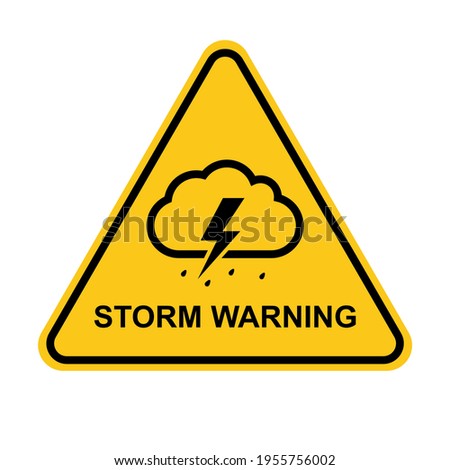 Storm warning. Yellow warning sign of the storm. Storm ahead. Bad weather, hurricane, thunderstorm, storm, squall wind. Vector illustration.
