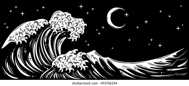 Storm waves with foam and starry night sky and the moon