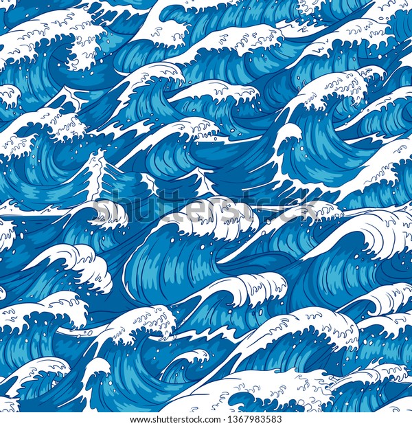 嵐波のシームレスな模様 荒れ狂う海水 海波 ビンテージの日本の嵐がプリントされます 日本風の嵐 マリネサーフィンのスプラッシュ壁紙 ベクターイラストの背景 のベクター画像素材 ロイヤリティフリー