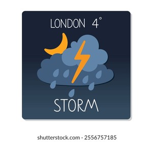 Storm weather forecast for London showing temperature of 4 degrees Celsius