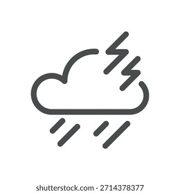 Icono de Clima de tormenta. Nube de línea delgada con ilustración de relámpagos y lluvia para pronóstico de tormentas severas, fuertes precipitaciones y actividad eléctrica. Símbolo de Vector de contorno aislado, trazo editable 