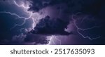 Storm weather with lightning and thunder, electricity bolt, dark sky with clouds, light and shine, grey, blue, purple and white colors, thunderstorm, thunderbolt realistic vector illustration