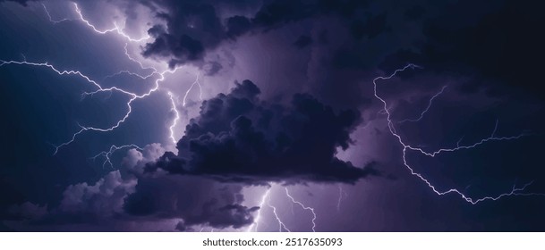 Tempestade com relâmpagos e trovão, parafuso de eletricidade, céu escuro com nuvens, luz e brilho, cinza, azul, roxo e cores brancas, trovoada, thunderbolt ilustração vetor realista