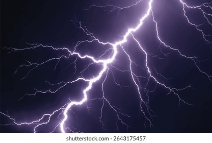 Storm weather with lightning and thunder, electricity bolt, dark sky, light and shine, grey, blue, purple and white colors, thunderstorm, thunderbolt realistic vector illustration