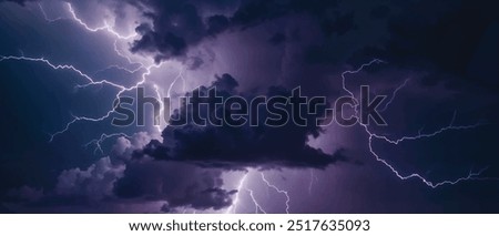 Storm weather with lightning and thunder, electricity bolt, dark sky with clouds, light and shine, grey, blue, purple and white colors, thunderstorm, thunderbolt realistic vector illustration