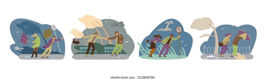 Storm weather vector illustration. People fight with strong wind, autumn rain weather. Umbrellas and trees are blown away by hurricane wind at the park and at the streets.