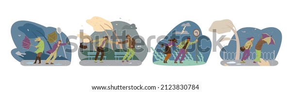Storm weather vector\
illustration. People fight with strong wind, autumn rain weather.\
Umbrellas and trees are blown away by hurricane wind at the park\
and at the streets.