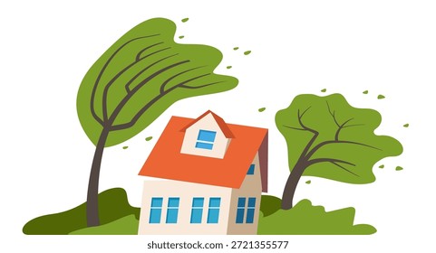 Storm wind natural disaster. Superstorm catastrophe, suburban house damage, gale cataclysm. Natural disaster with hurricane. Countryside landscape.