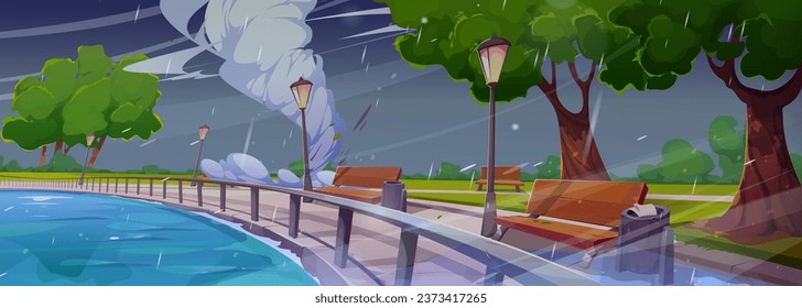 Storm wind in park near river cartoon background. Forest landscape illustration with hurricane weather and water puddle on road. Stormy vortex season environment design. Wooden bench on sidewalk