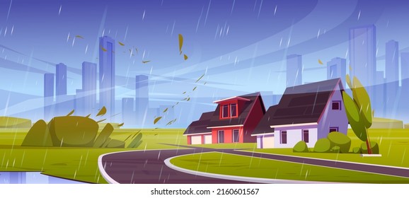 Storm With Wind And Rain In Suburb District With Houses. Vector Cartoon Illustration Of Summer Landscape Of Suburban Street With Cottages, Bushes, Puddles And Flying Leaves In Rainy Weather