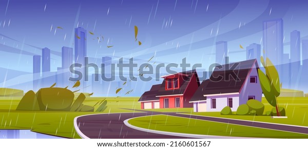 Storm\
with wind and rain in suburb district with houses. Vector cartoon\
illustration of summer landscape of suburban street with cottages,\
bushes, puddles and flying leaves in rainy\
weather