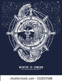 Storm in the winter sea, tattoo art. Slogan winter is coming. Steering wheel ship t-shirt design. Lighthouse, winter cold sea storm art poster 