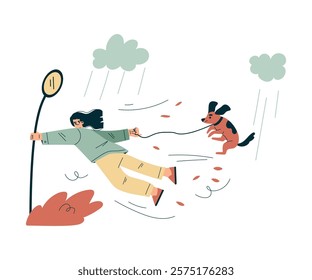 Storm with Woman Character Struggle in Hurricane Hold Pole Vector Illustration