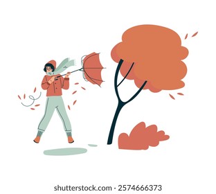 Storm with Woman Character Struggle with Umbrella in Hurricane Vector Illustration