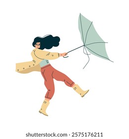 Storm with Woman Character Struggle with Umbrella in Hurricane Vector Illustration