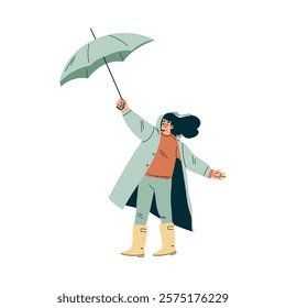 Storm with Woman Character Struggle with Umbrella in Hurricane Vector Illustration