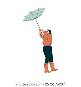 Storm with Woman Character Struggle with Umbrella in Hurricane Vector Illustration