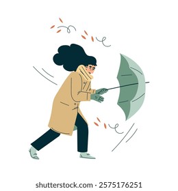 Storm with Woman Character Struggle with Umbrella in Hurricane Vector Illustration