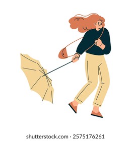 Storm with Woman Character Struggle with Umbrella in Hurricane Vector Illustration