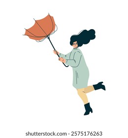 Storm with Woman Character Struggle with Umbrella in Hurricane Vector Illustration