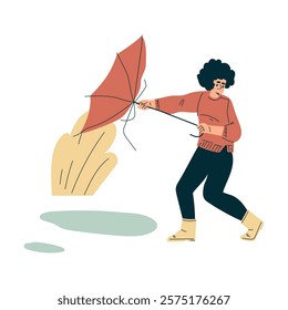 Storm with Woman Character Struggle with Umbrella in Hurricane Vector Illustration