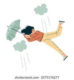 Storm with Woman Character Struggle with Umbrella in Hurricane Vector Illustration