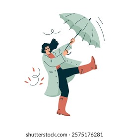 Storm with Woman Character Struggle with Umbrella in Hurricane Vector Illustration