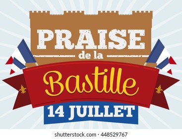 Storming Bastille commemorative design in flat style, behind a greeting ribbons with French pennants.