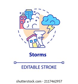 Storms concept icon. Winds and thunderstorm. Effects of climate change abstract idea thin line illustration. Isolated outline drawing. Editable stroke. Roboto-Medium, Myriad Pro-Bold fonts used
