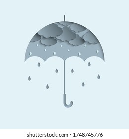 Storms in the overcast design and raindrops in the umbrella for the rainy season. paper cut and craft style. vector, illustration.