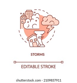 Storms red concept icon. Winds and thunderstorm. Effects of climate change abstract idea thin line illustration. Isolated outline drawing. Editable stroke. Roboto-Medium, Myriad Pro-Bold fonts used
