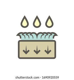 Stormwater and infiltration in lawn or drainage basin vector icon. Include cross section of soil, grass, rain, rainwater, groundwater to detention, retention and percolation into soil at underground.