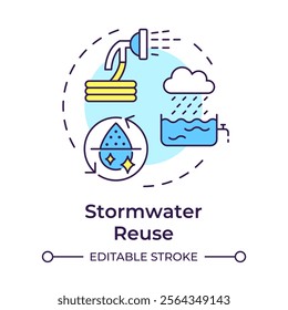 Stormwater reuse multi color concept icon. Rainwater for non portable usage. Liquid sources in cities. Round shape line illustration. Abstract idea. Graphic design. Easy to use in article