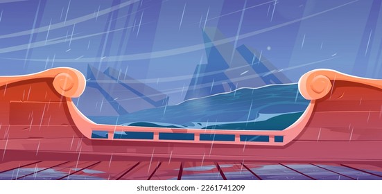 Stormy Caribbean sea cartoon landscape. Illustration of falling rain in ocean with danger rock on skyline. Blue scary wave vector background. Dramatic scene for game for nautical adventure, deck view.