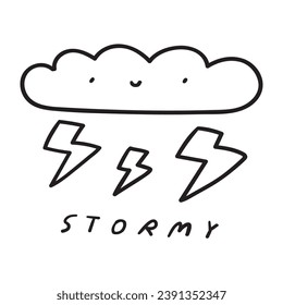 Stormy. Cloud with lightnings. Weather forecast icon. Kids education concept. Vector outline illustration on white background.